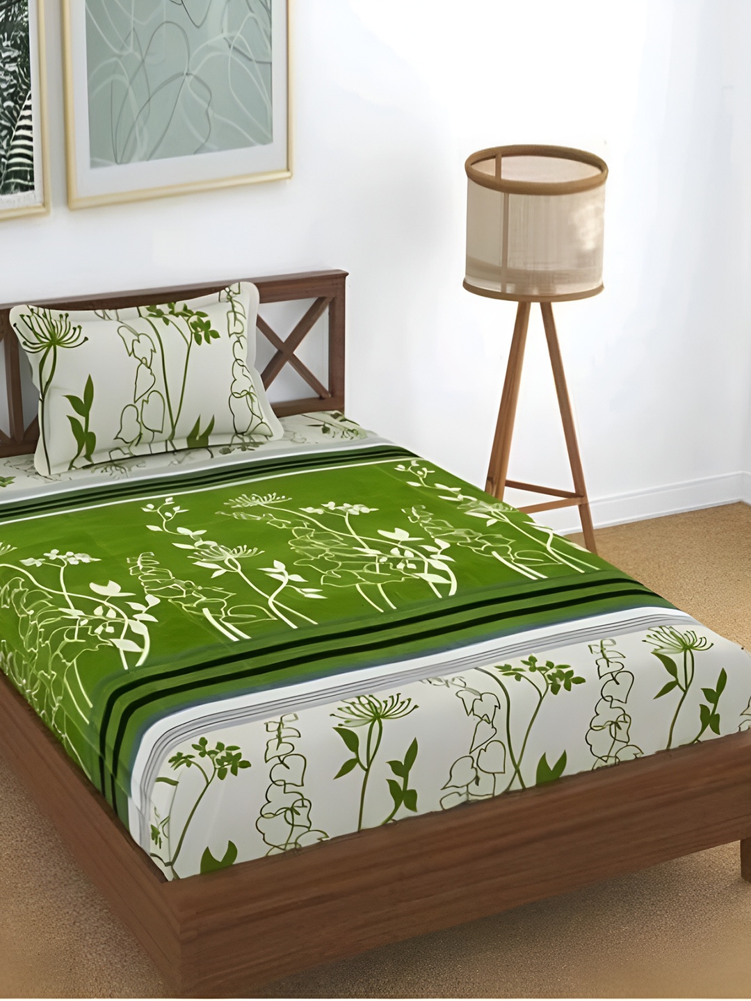DECOR VATIKA Green Floral 144 TC Single Fitted Bedsheet with Pillow Cover