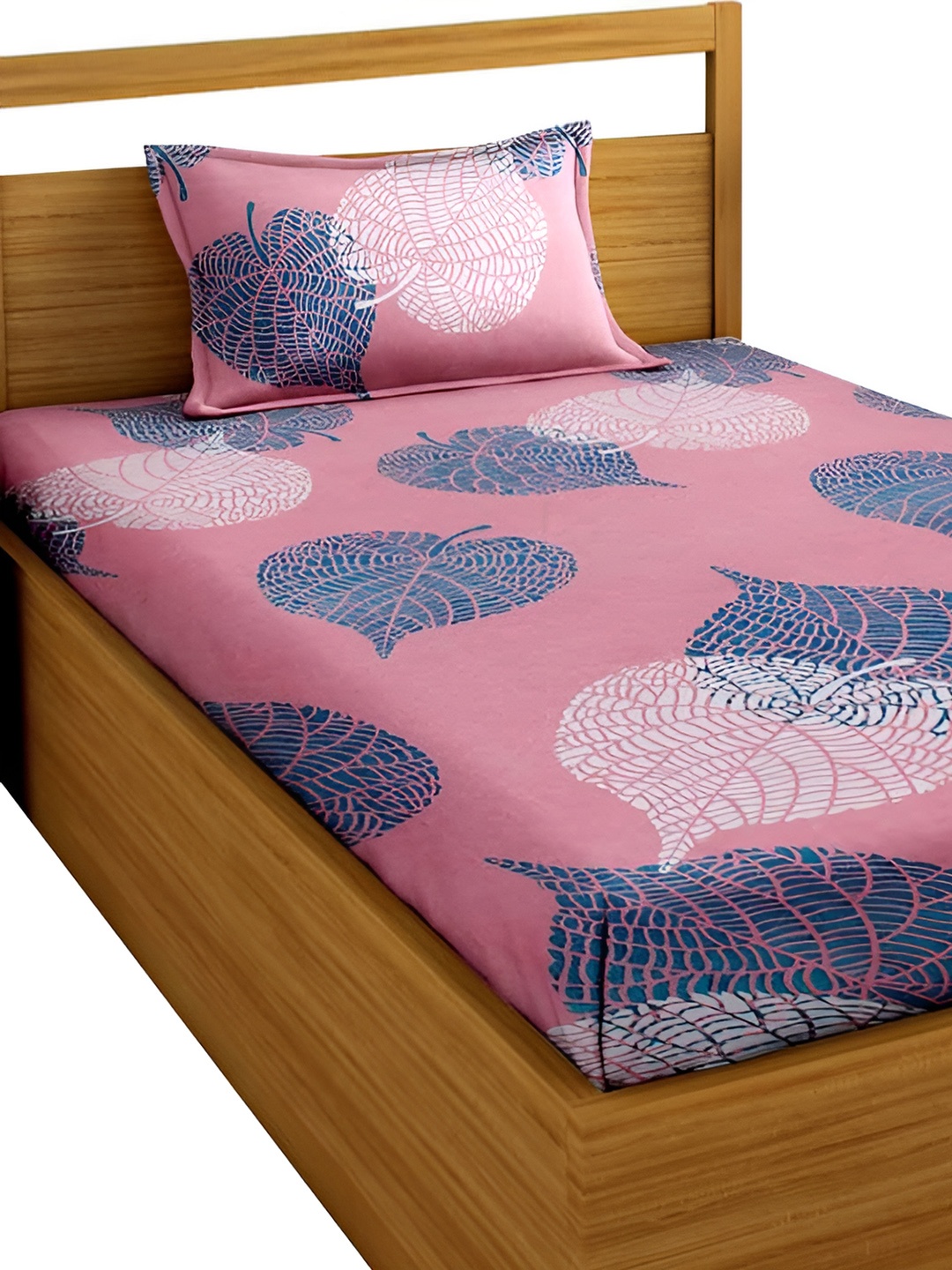 

DECOR VATIKA Pink & Blue Floral 144 TC Single Fitted Bedsheet with Pillow Cover