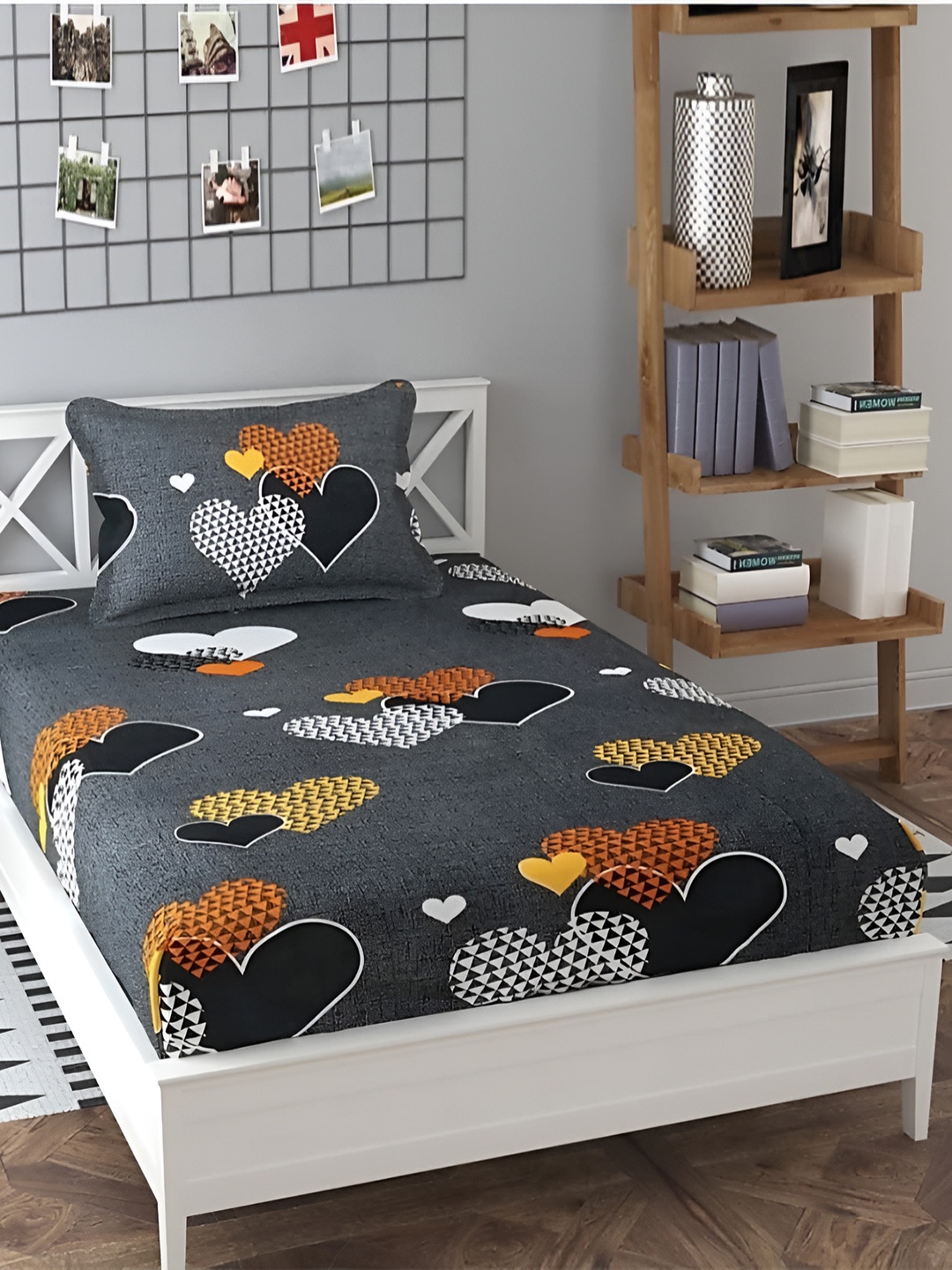 DECOR VATIKA Grey & White 144 TC Single Fitted Bedsheet with Pillow Cover