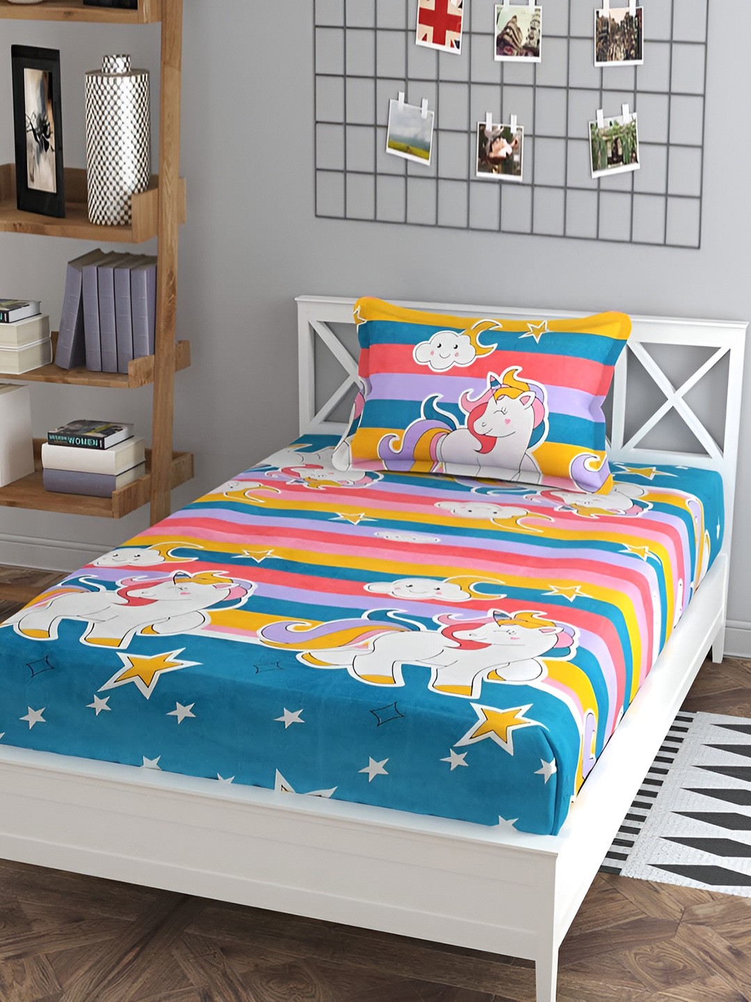 

DECOR VATIKA Pink Cartoon Characters 144 TC Single Fitted Bedsheet with Pillow Cover
