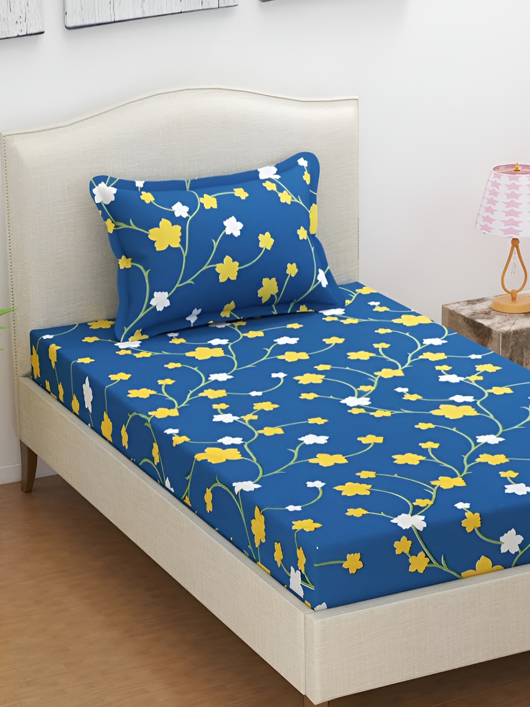 

DECOR VATIKA Blue & Yellow Floral 144 TC Single Fitted Bedsheet with Pillow Cover