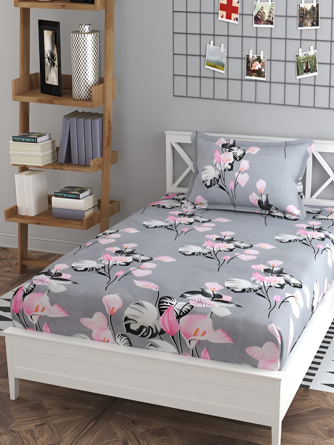 

DECOR VATIKA Grey Floral 144 TC Single Fitted Bedsheet with Pillow Cover