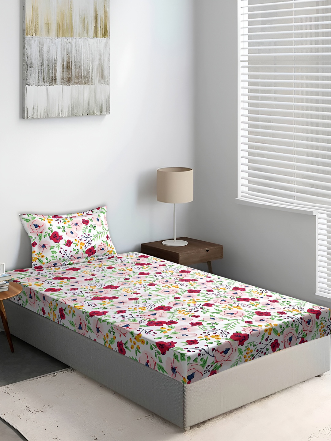 

DECOR VATIKA White Floral 144 TC Single Fitted Bedsheet with Pillow Cover