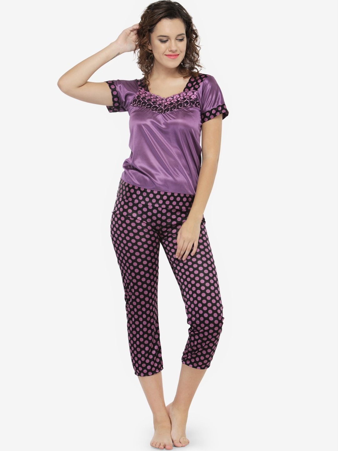 

N-Gal Polka Dots Printed Satin Night suit, Purple