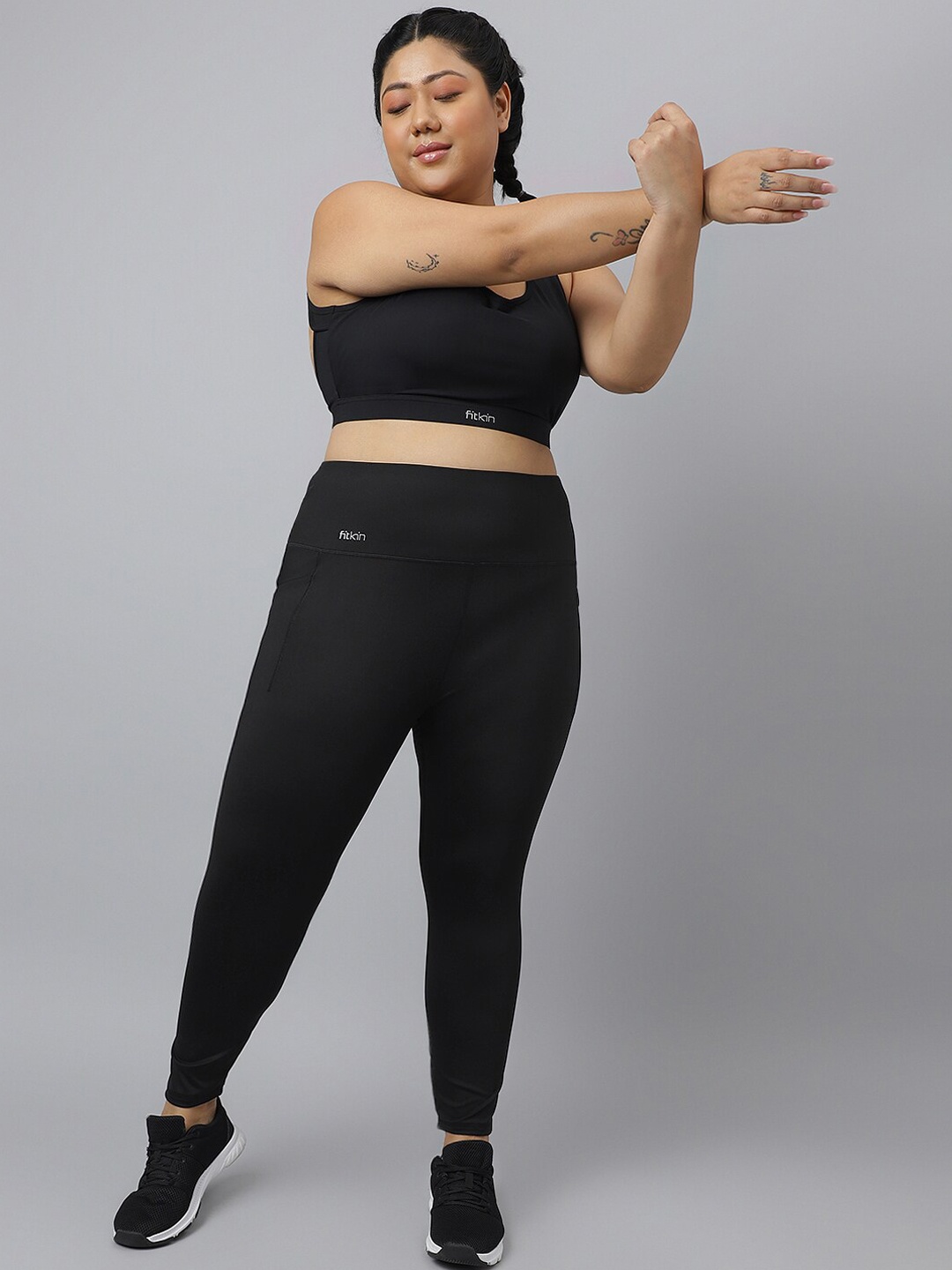 

Fitkin Plus Size High-Waist Slim-Fit Anti Odour Ankle-Length Yoga Tights, Black
