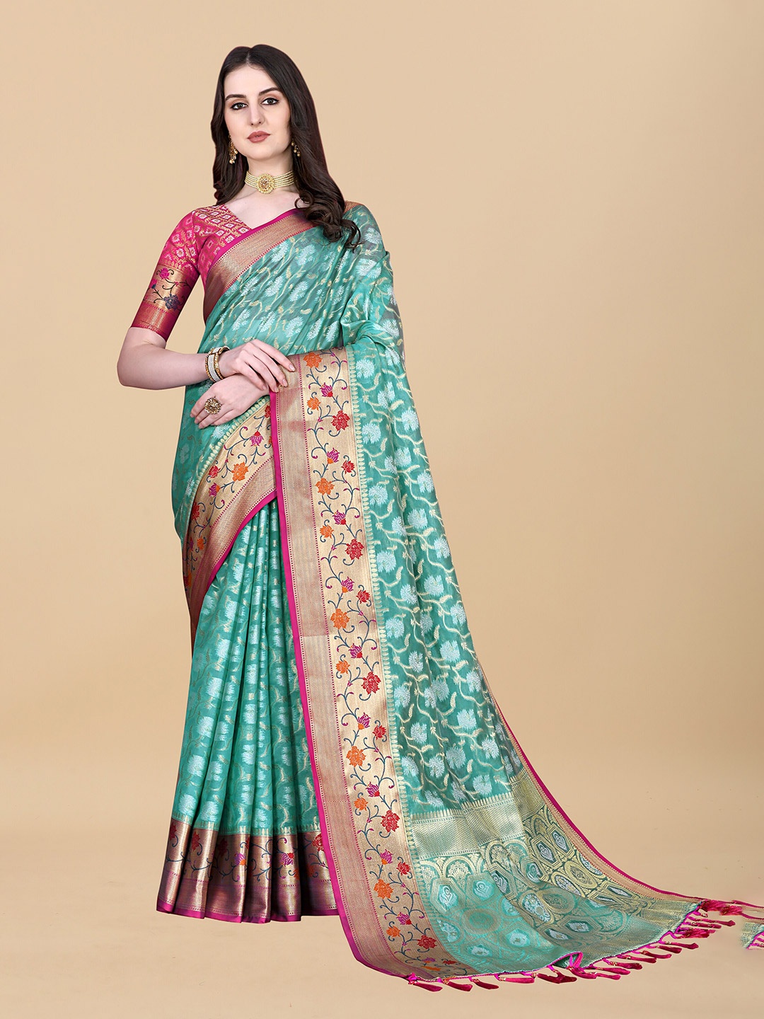 

ZIBLON Ethnic Motifs Woven Design Kanjeevaram Saree, Blue