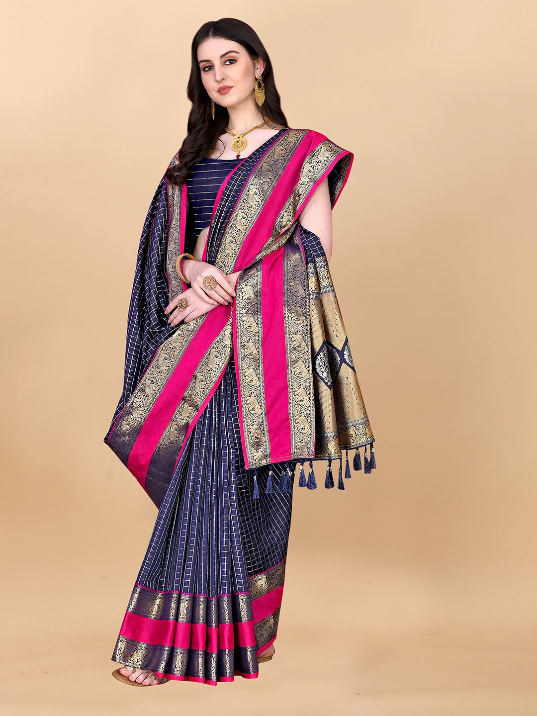 

ZIBLON Checked Woven Design Kanjeevaram Saree, Blue