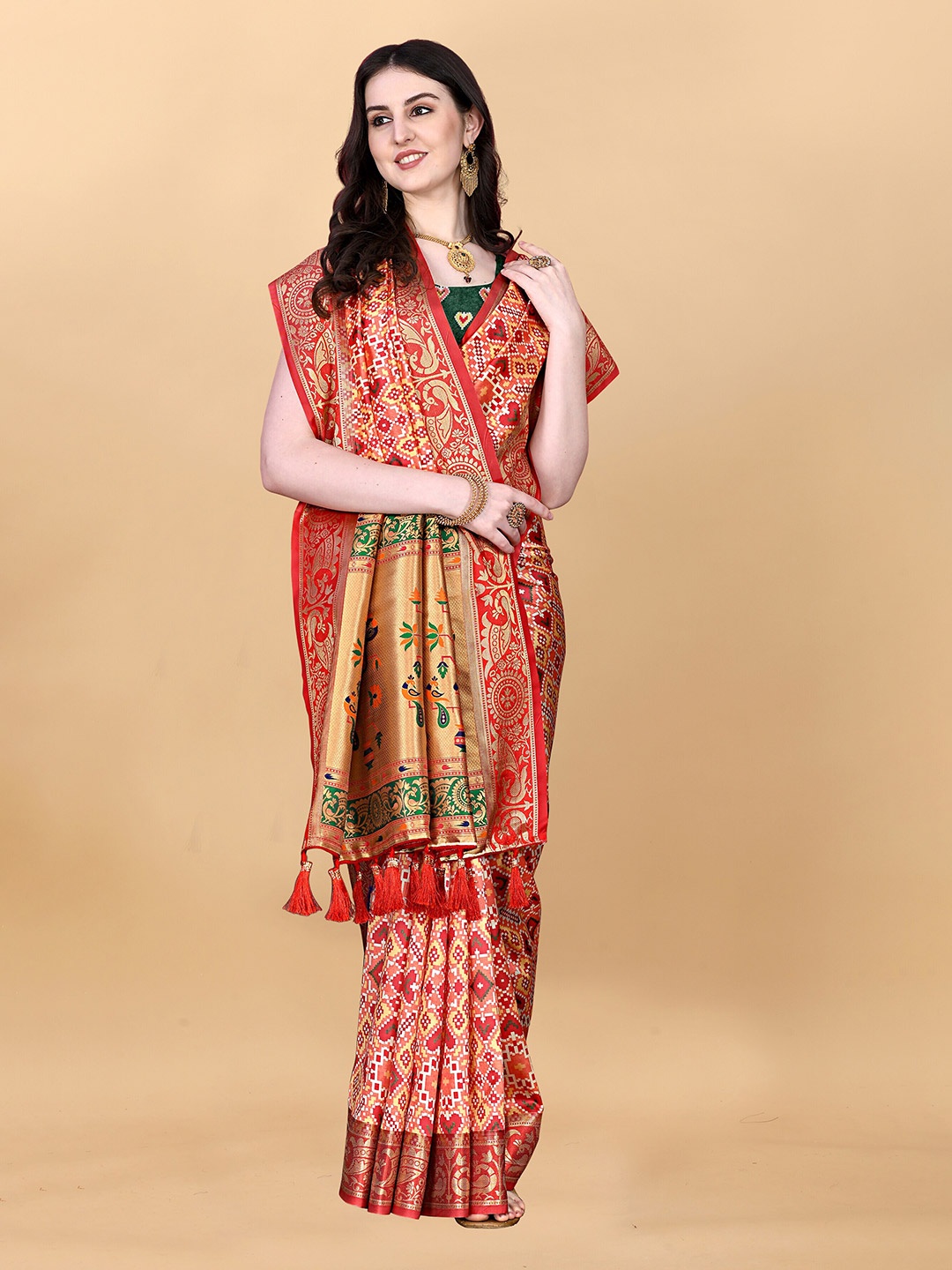 

ZIBLON Ethnic Motifs Printed Zari Kanjeevaram Saree, Red