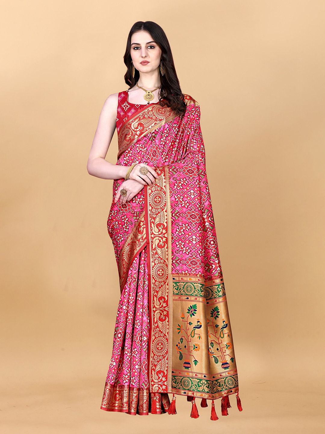 

ZIBLON Ethnic Motifs Printed Kanjeevaram Saree, Pink