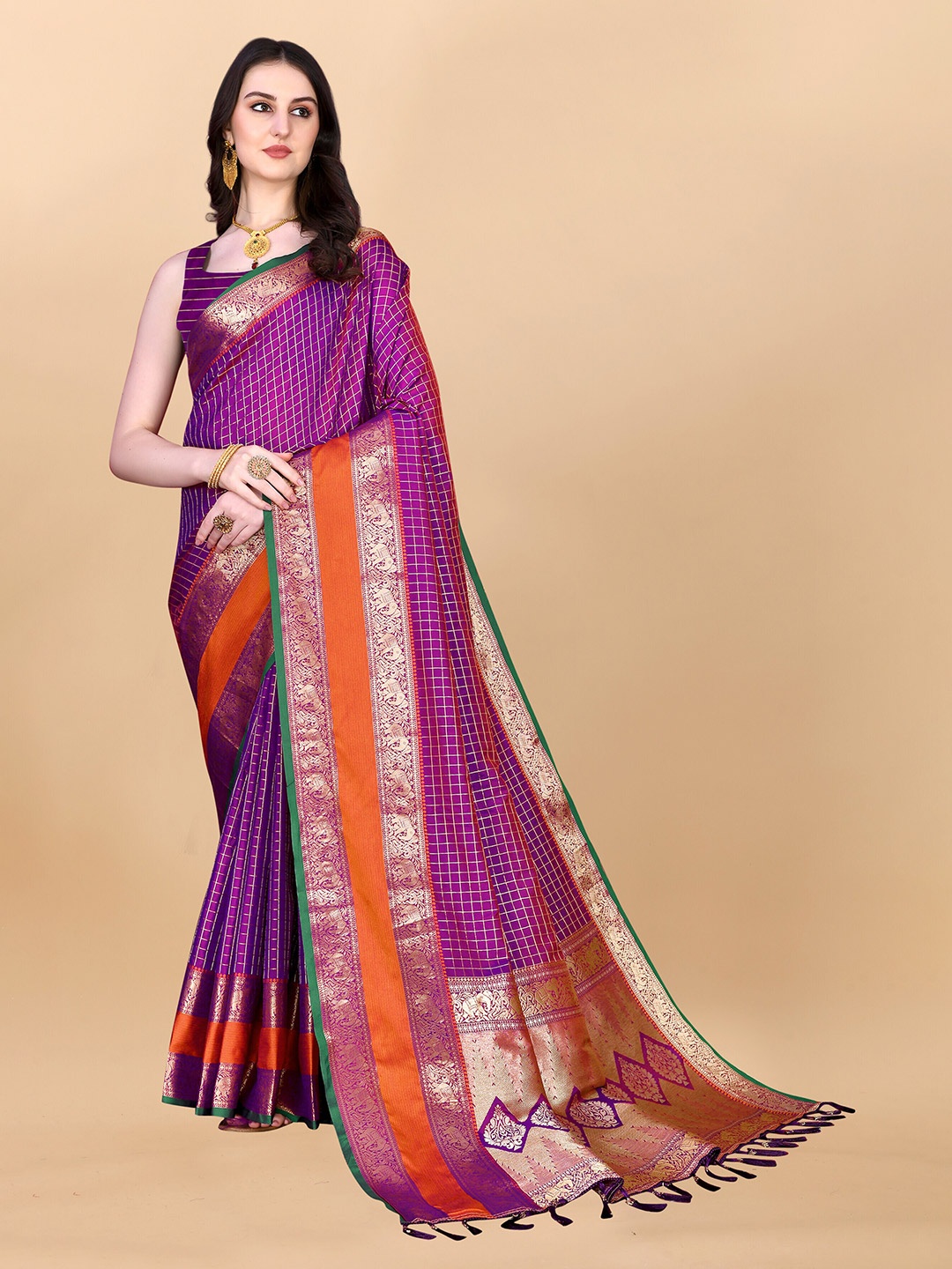 

ZIBLON Checked Zari Kanjeevaram Saree, Magenta