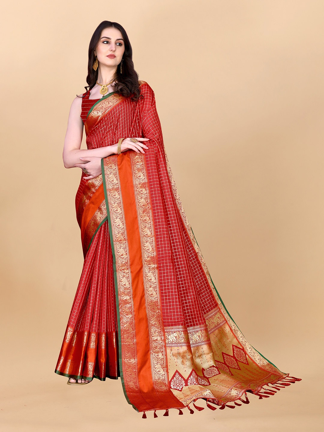 

ZIBLON Checked Woven Design Kanjeevaram Saree, Red