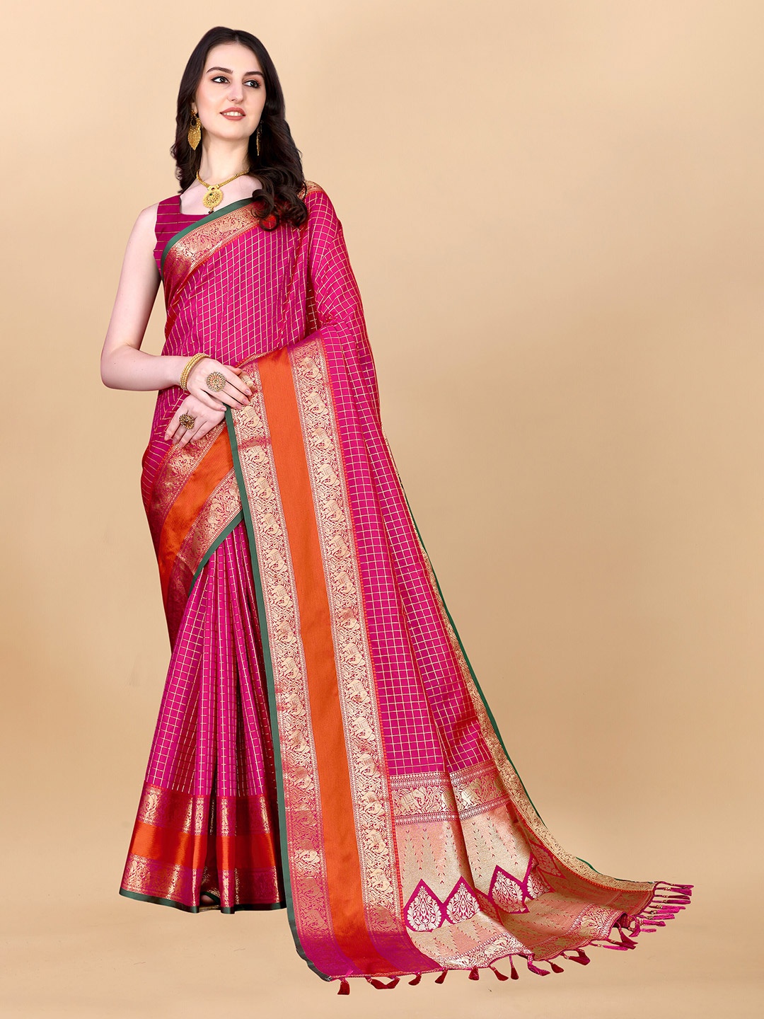 

ZIBLON Checked Woven Design Kanjeevaram Saree, Pink