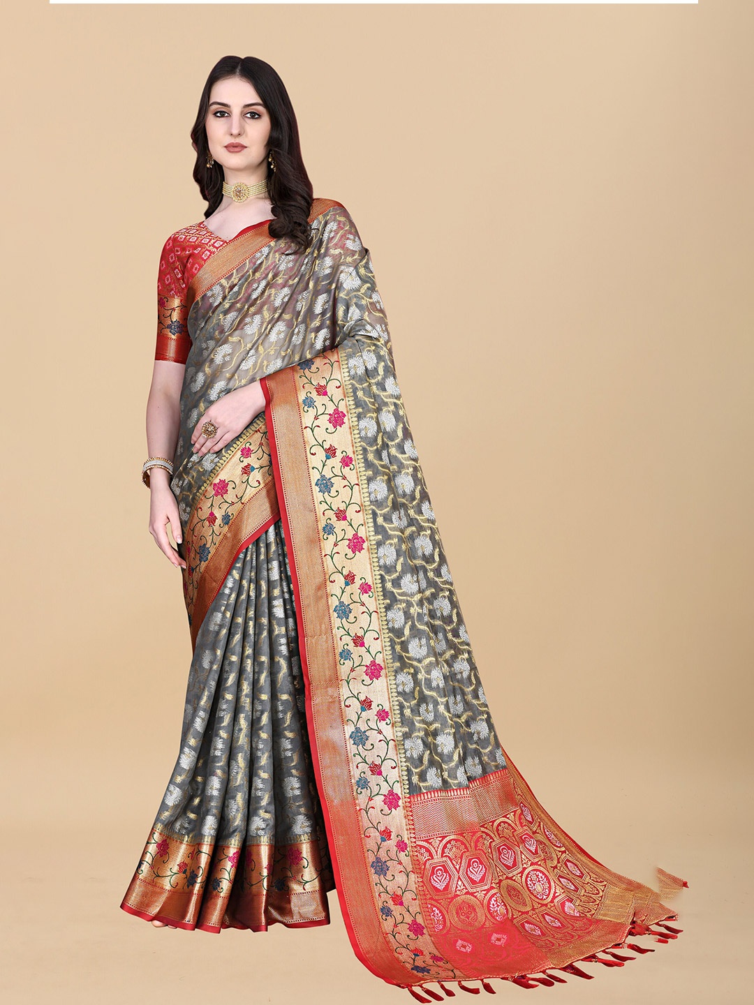 

ZIBLON Ethnic Motifs Woven Design Kanjeevaram Saree, Grey