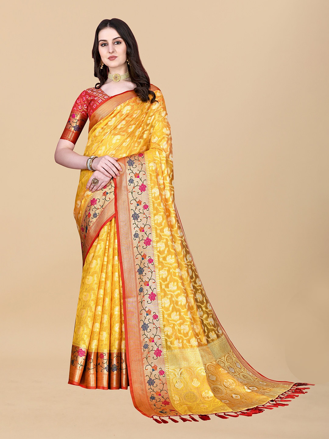 

ZIBLON Floral Woven Design Zari Kanjeevaram Saree, Yellow