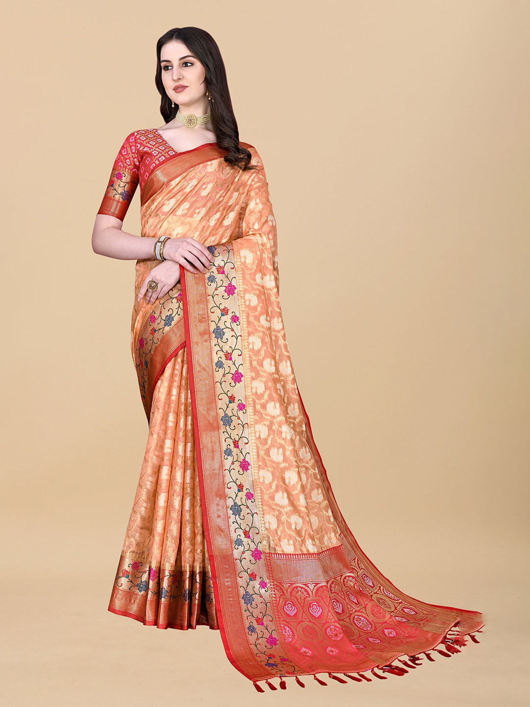 

ZIBLON Floral Woven Design Zari Kanjeevaram Saree, Orange