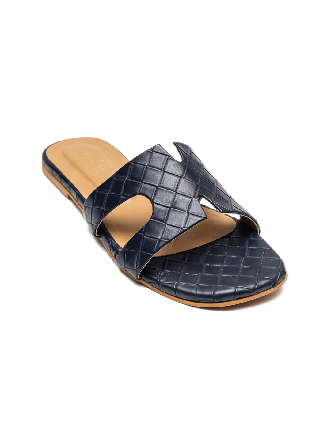 

Dapper Feet-Fancy Nancy H- Strap Open Toe Flats, Navy blue