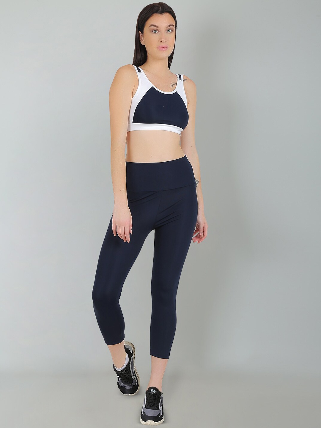 

N-Gal Colourblocked Padded Sports Bra & High Rise Active Tights Dri-Fit Sports Tracksuit, Navy blue