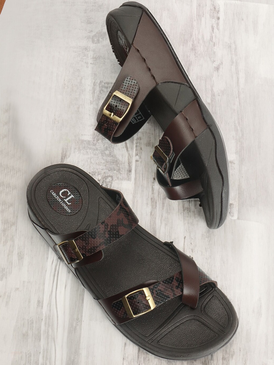 

Carlton London Printed Buckle Detailed Open Toe Comfort Sandals, Brown