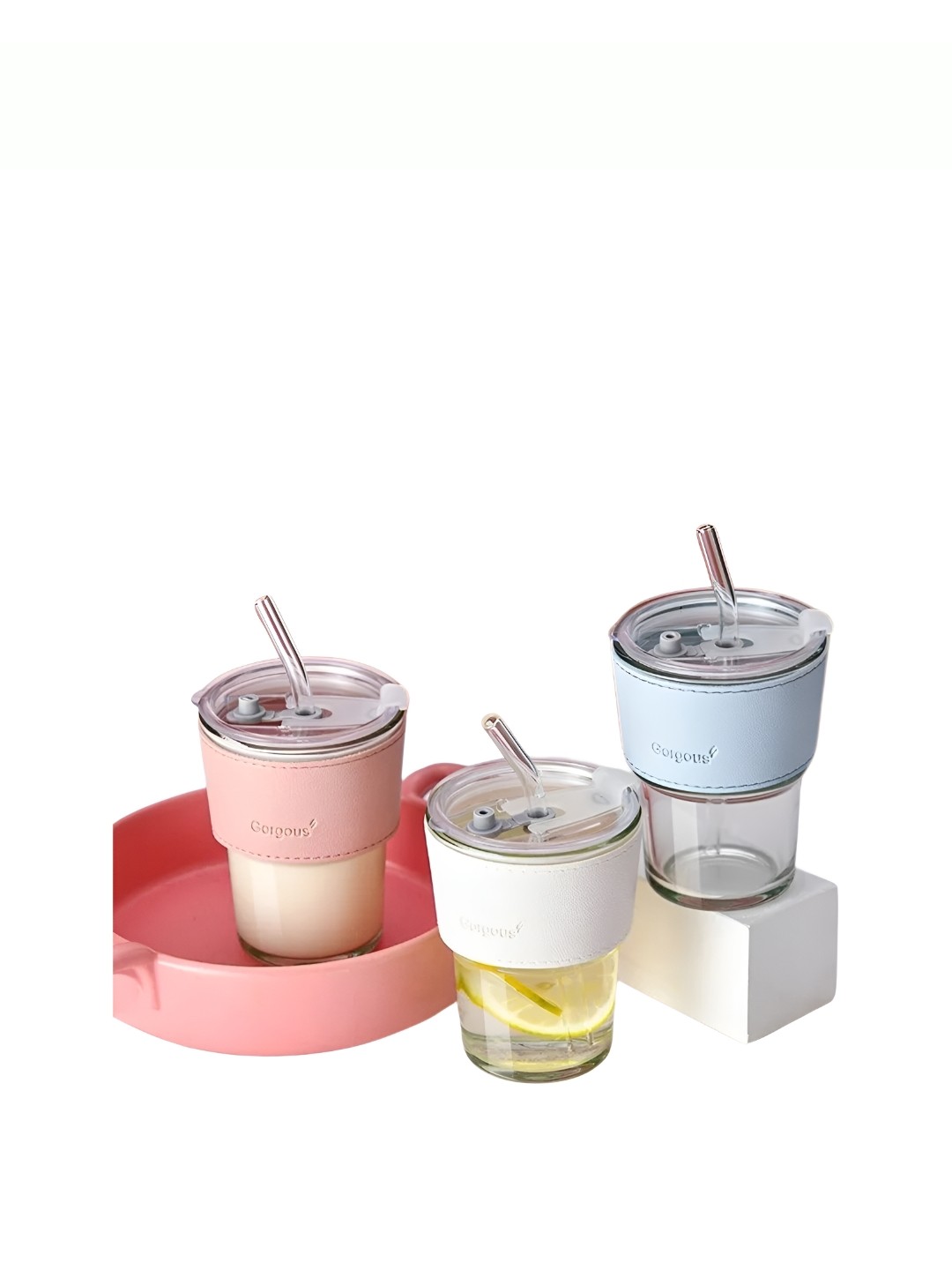 

WELOUR White & Pink 3 Pieces Glass Mugs With Straw, Blue