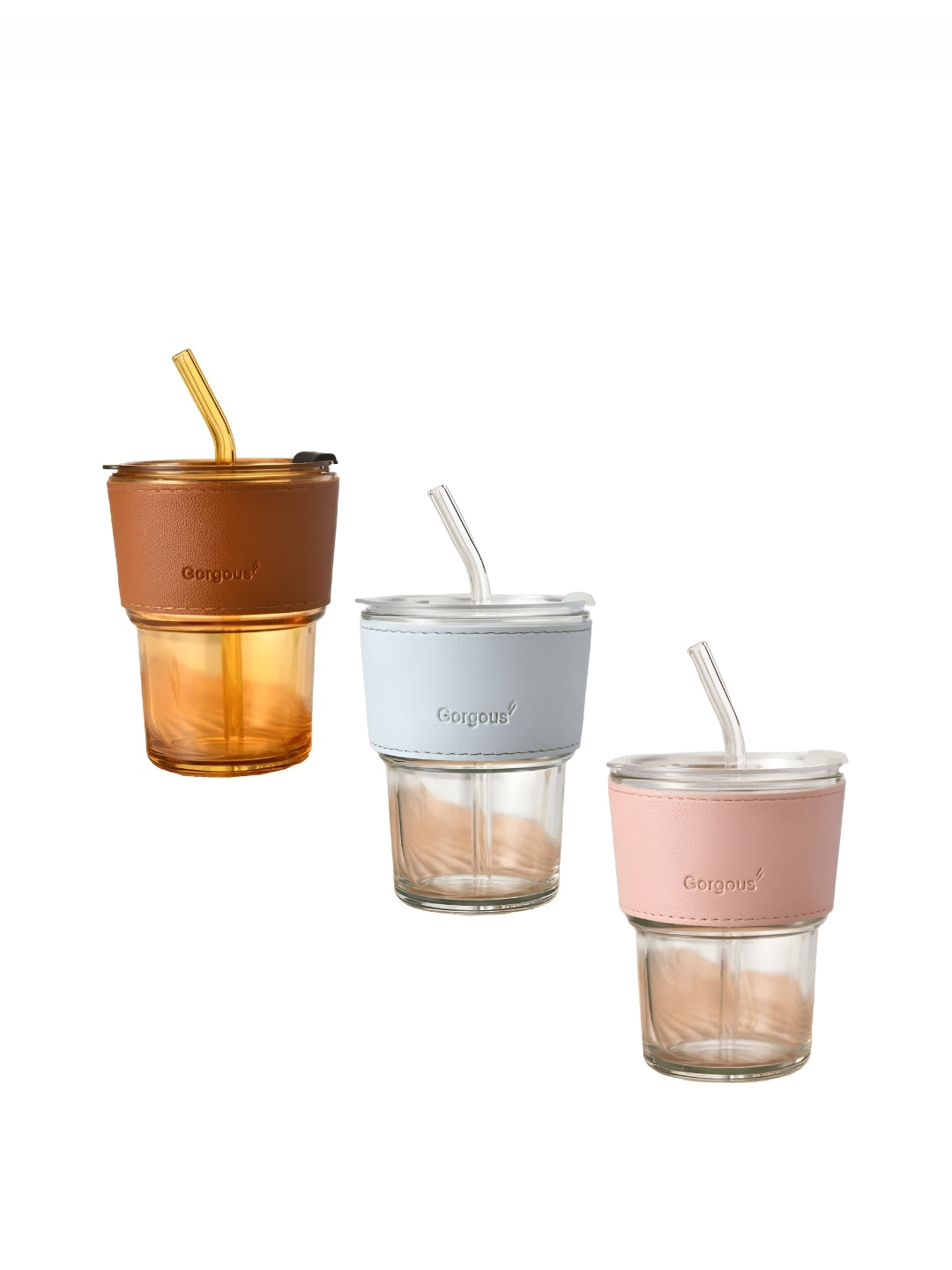 

WELOUR Brown & Pink 3 Pieces Glass Mugs With Straw
