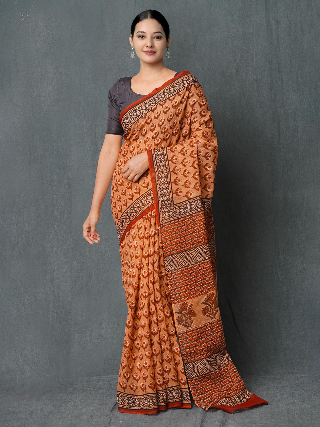 

Unnati Silks Ajrak Block Pure Cotton Handloom Kota Saree, Peach