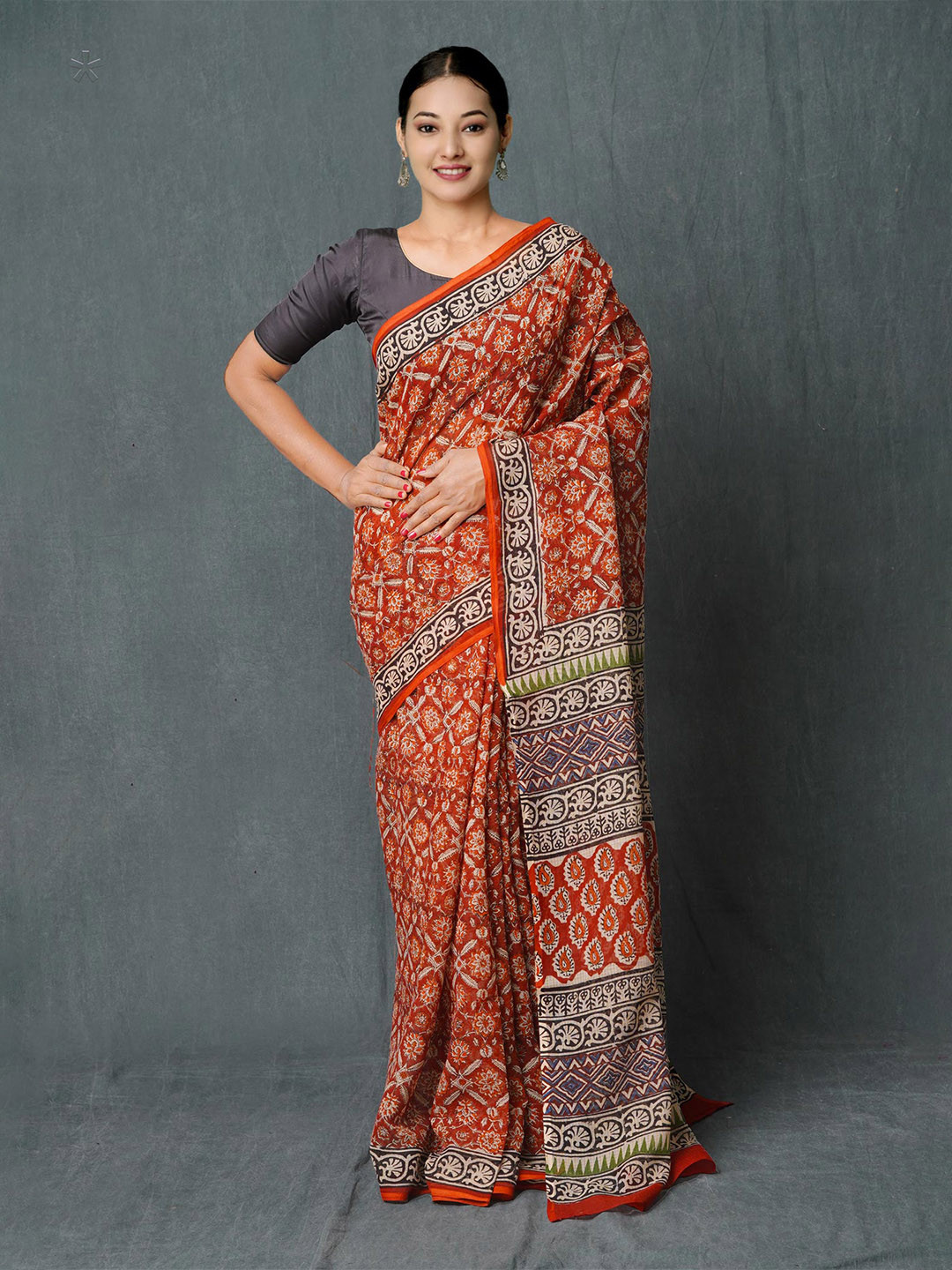 

Unnati Silks Ethnic Motifs Pure Hand Block Printed Cotton Handloom Kota Saree, Red