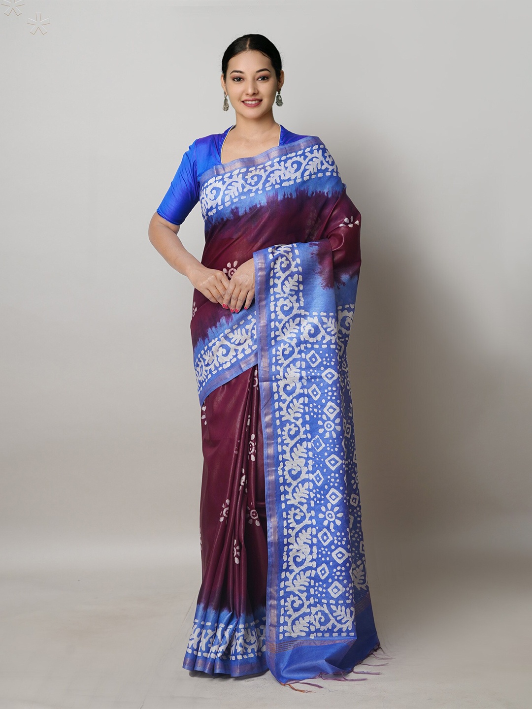 

Unnati Silks Batik Printed Silk Cotton Handloom Chanderi Sico Saree, Purple