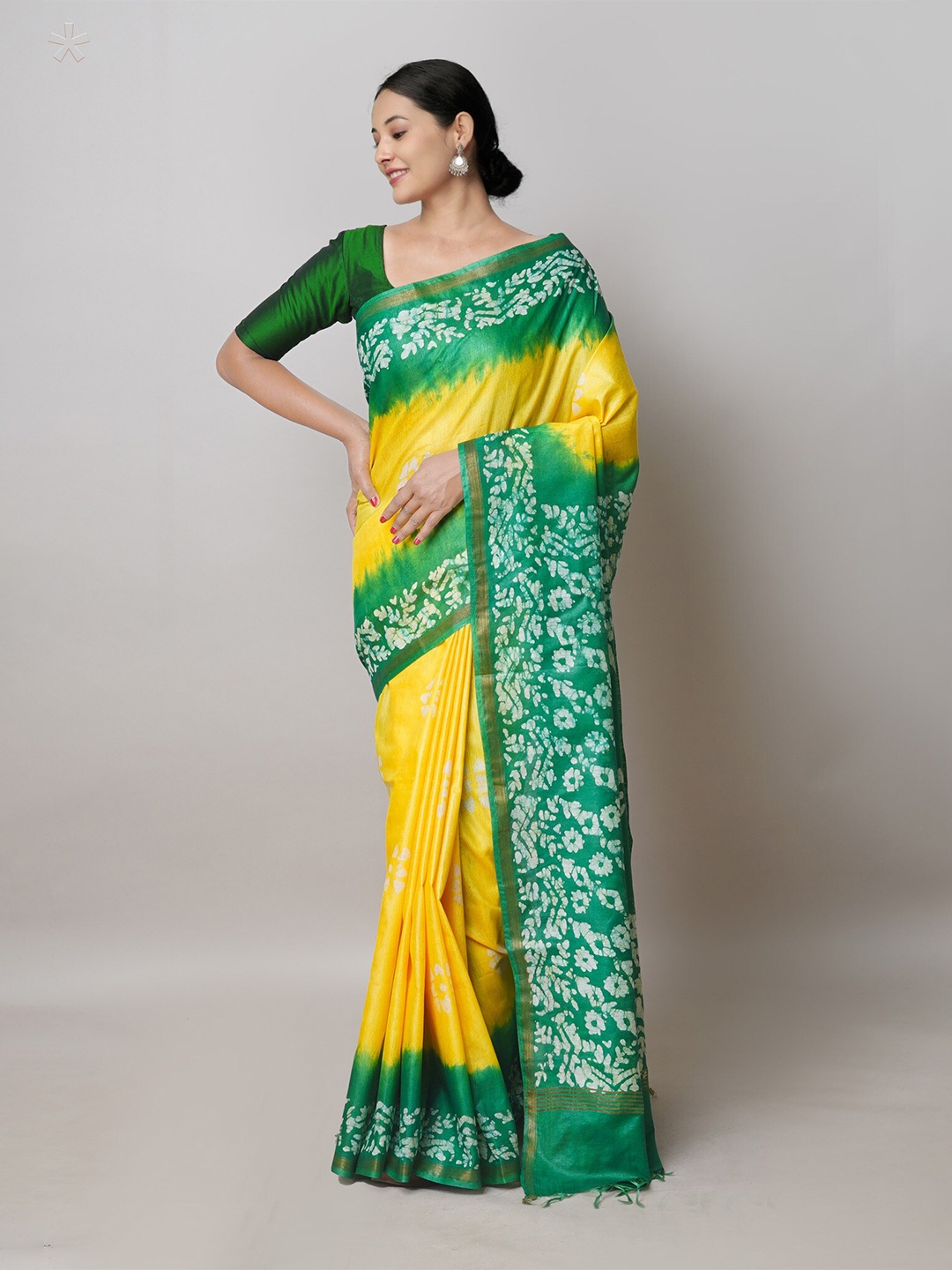 

Unnati Silks Batik Printed Zari Silk Cotton Chanderi Saree, Yellow