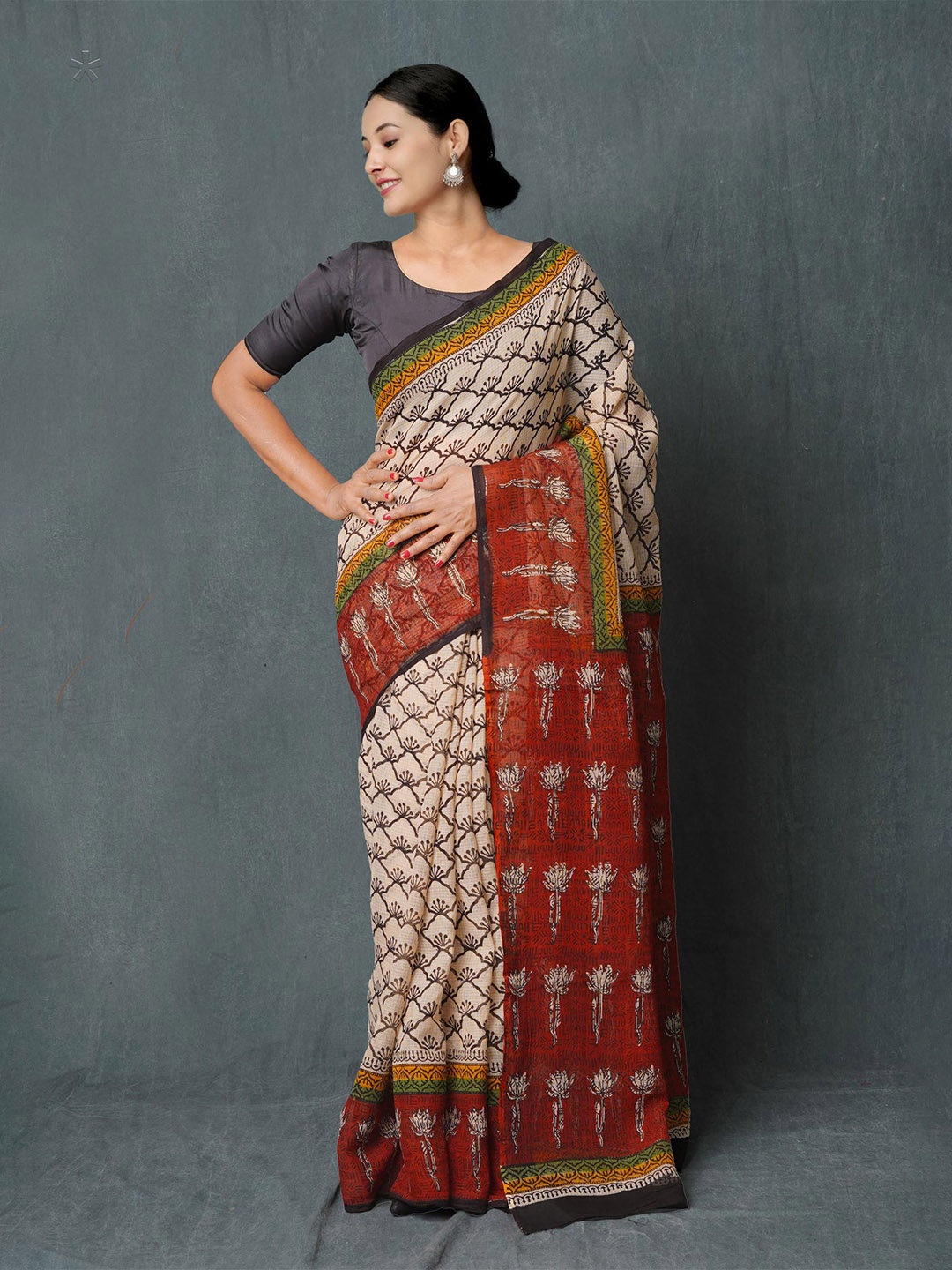 

Unnati Silks Ethnic Motifs Printed Pure Cotton Handloom Kota Saree, Off white