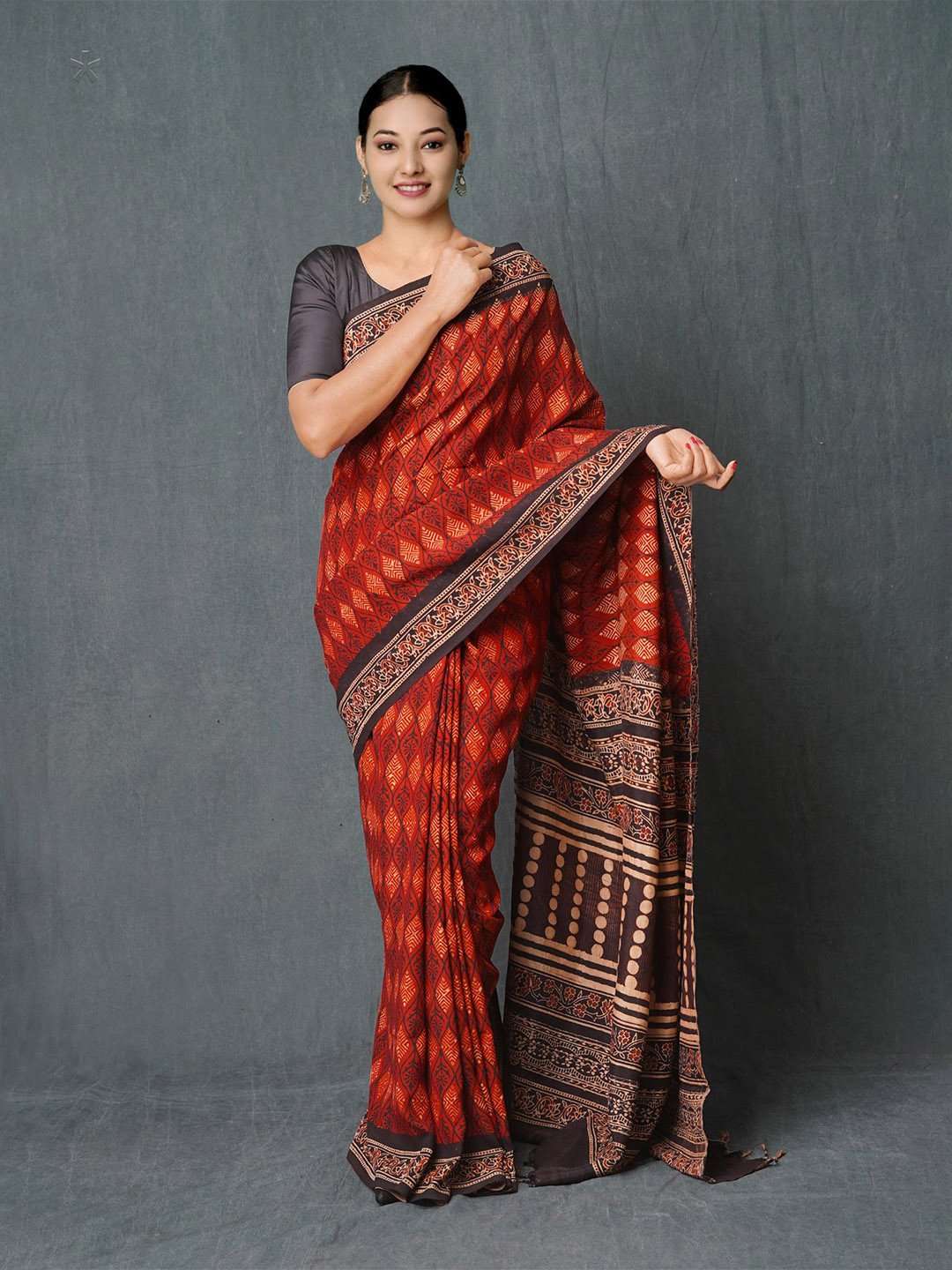 

Unnati Silks Ajrak Block Printed Chanderi Silk Saree, Maroon