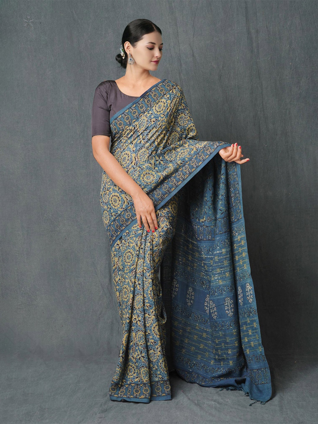 

Unnati Silks Ajrak Block Printed Chanderi Silk Saree, Blue