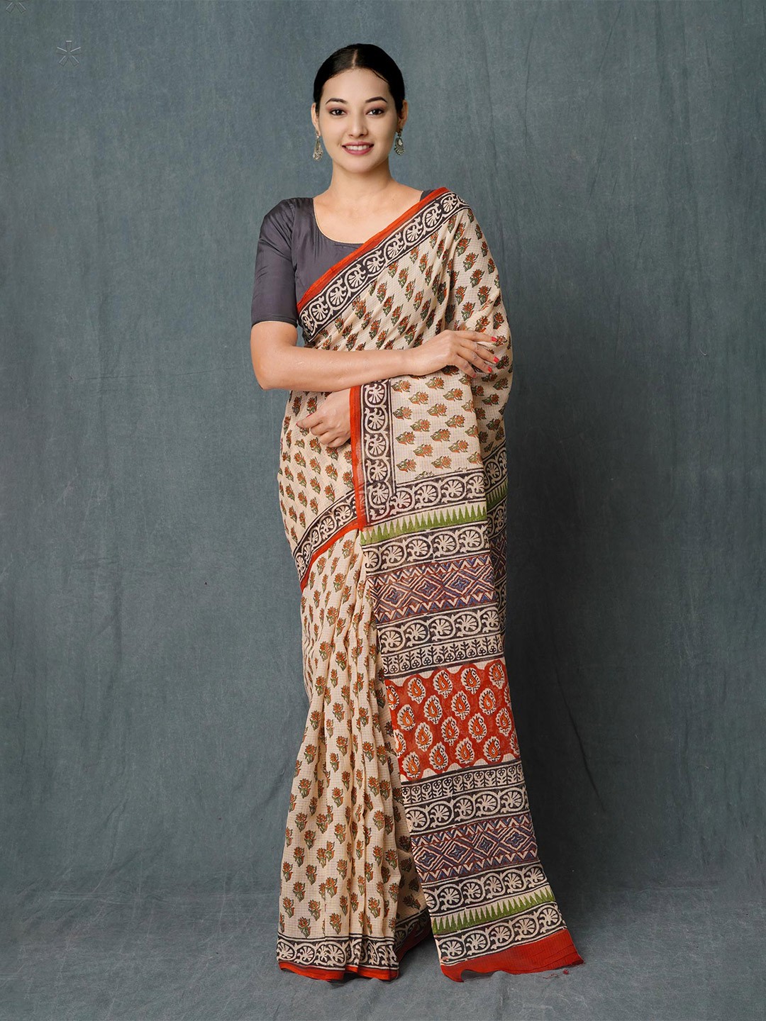 

Unnati Silks Ajrak Block Printed Pure Cotton Kota Saree, Cream