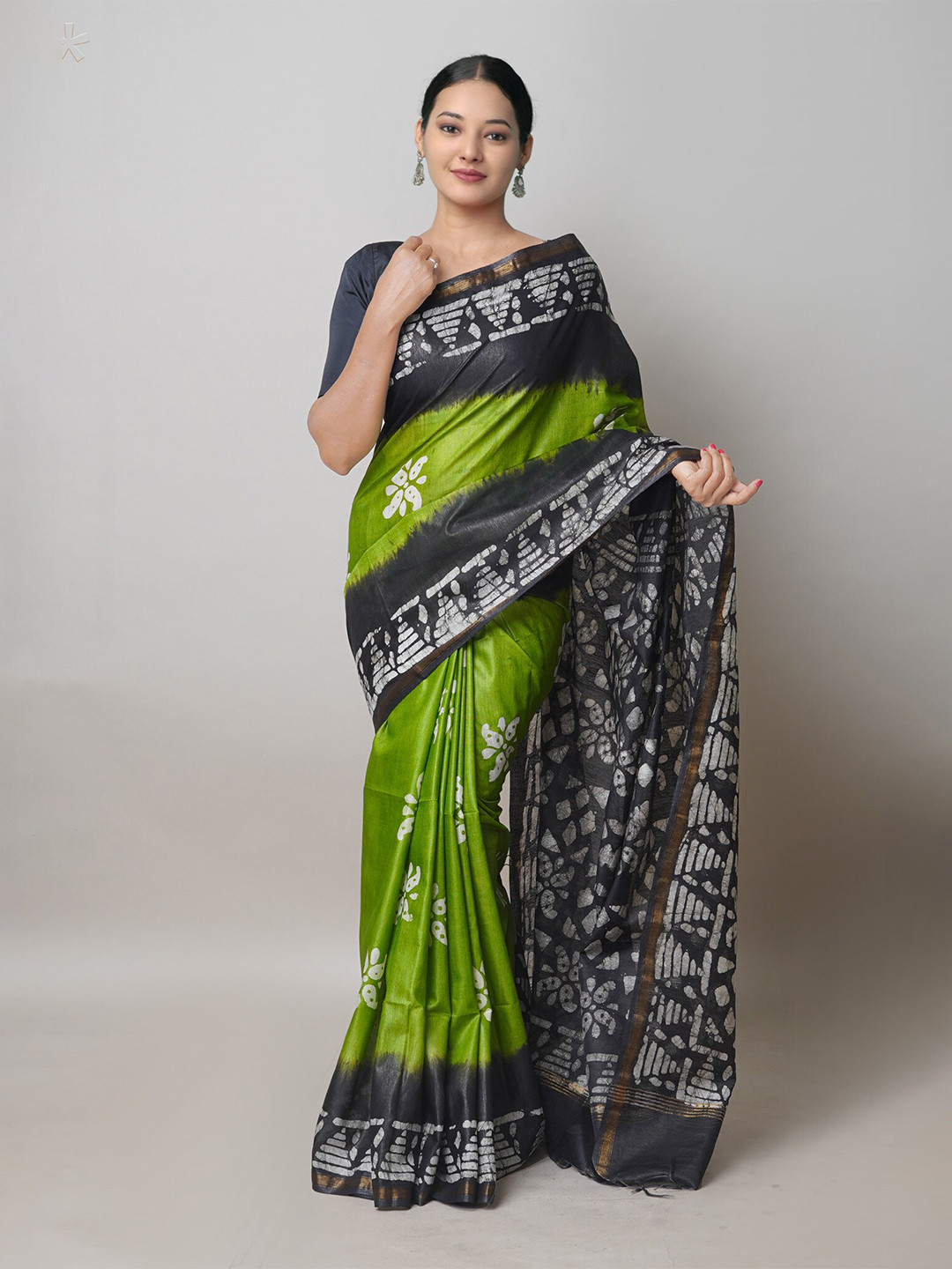 

Unnati Silks Batik Printed Zari Silk Cotton Chanderi Sico Saree, Green