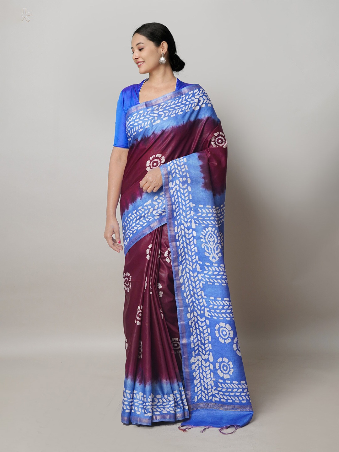 

Unnati Silks Batik Printed Silk Cotton Handloom Chanderi Saree, Purple