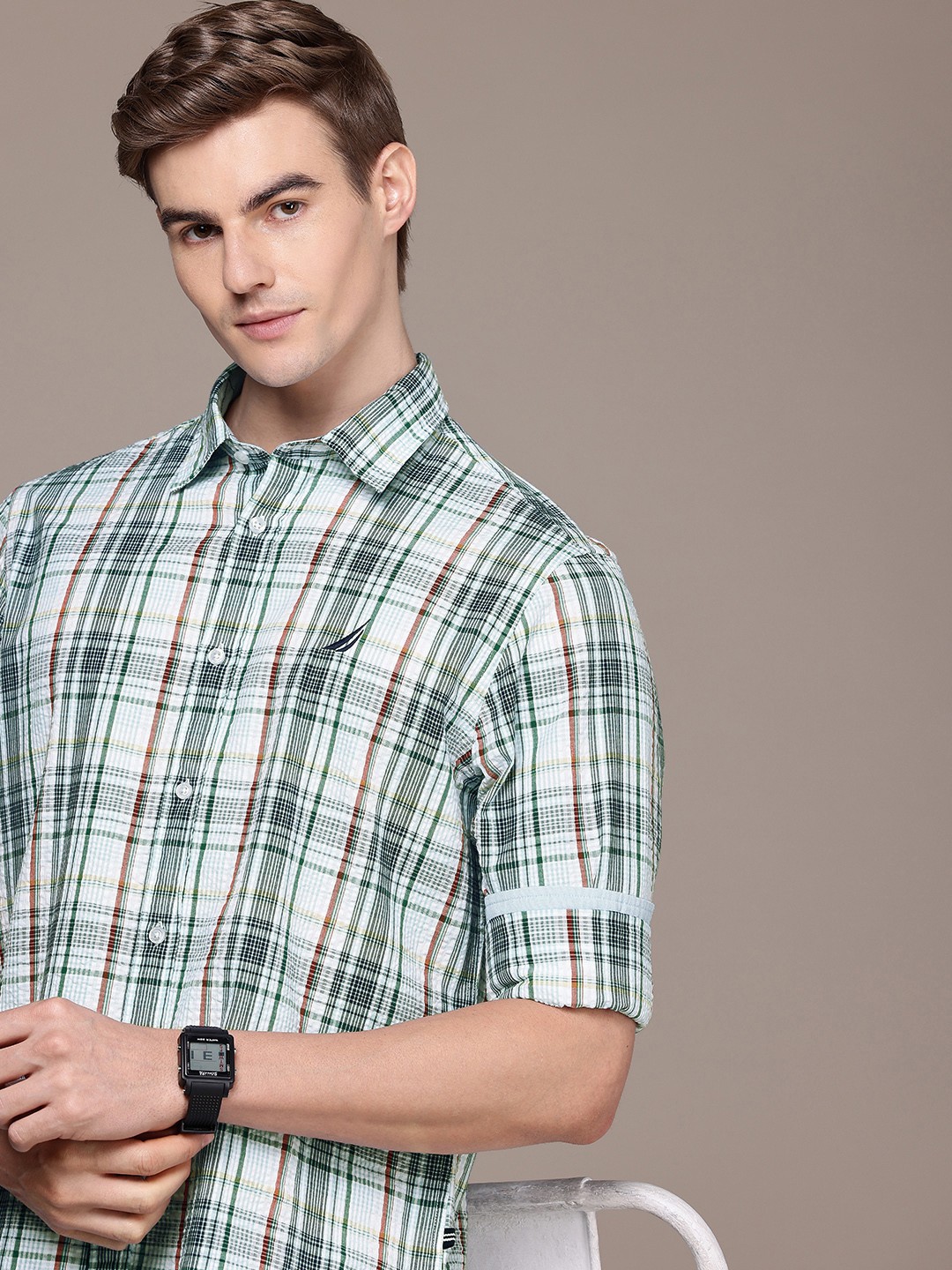 

Nautica Pure Cotton Seersucker Classic Fit Opaque Checked Casual Shirt, White