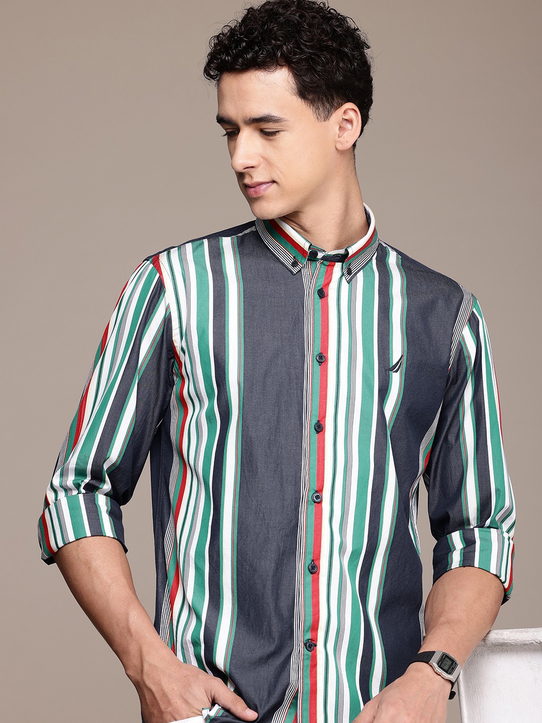 

Nautica Pure Cotton Slim Fit Opaque Striped Casual Shirt, Navy blue