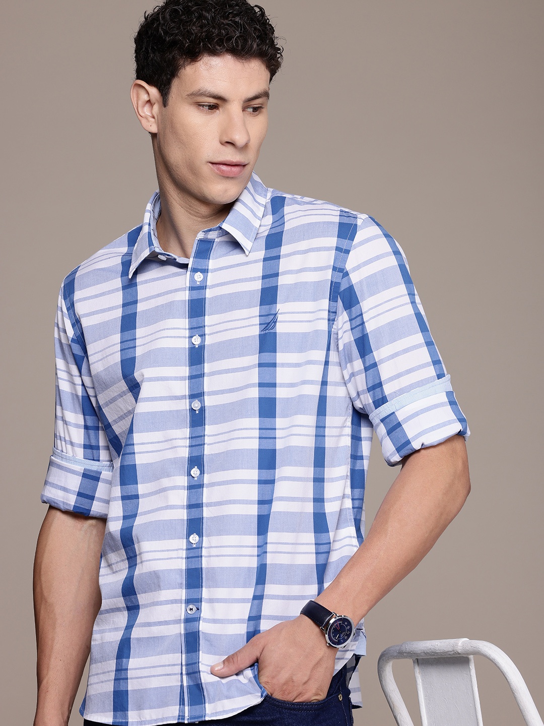 

Nautica Opaque Checked Slim Fit Pure Cotton Casual Shirt, White