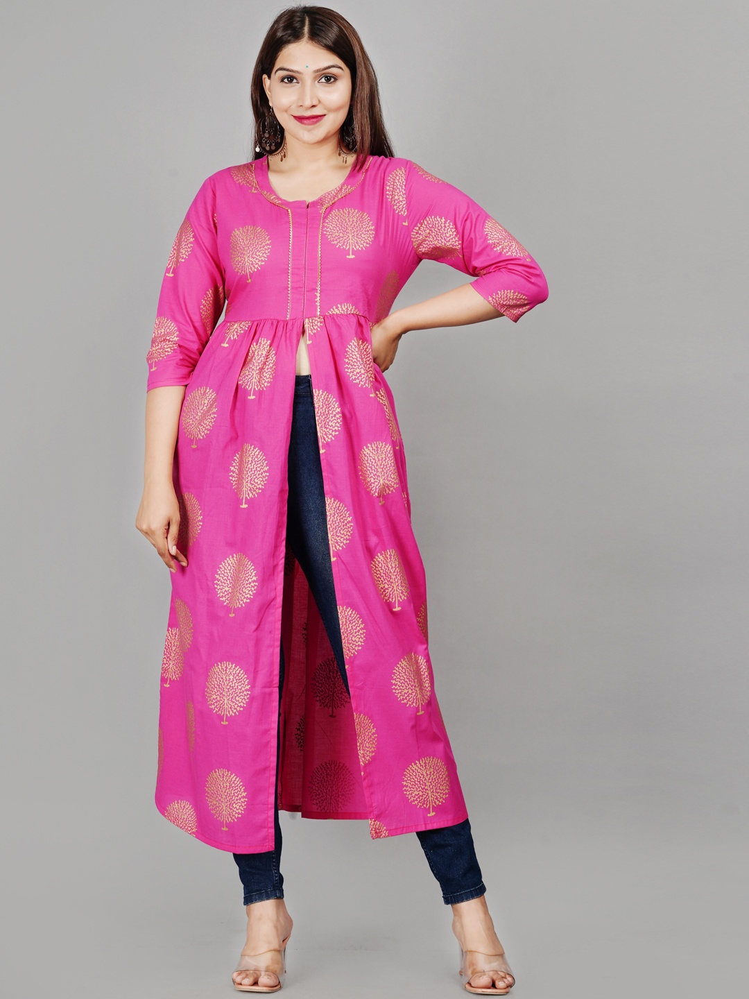 

AAYUMI Ethnic Motifs Printed Round Neck Gotta Patti Pure Cotton A-Line Kurta, Pink