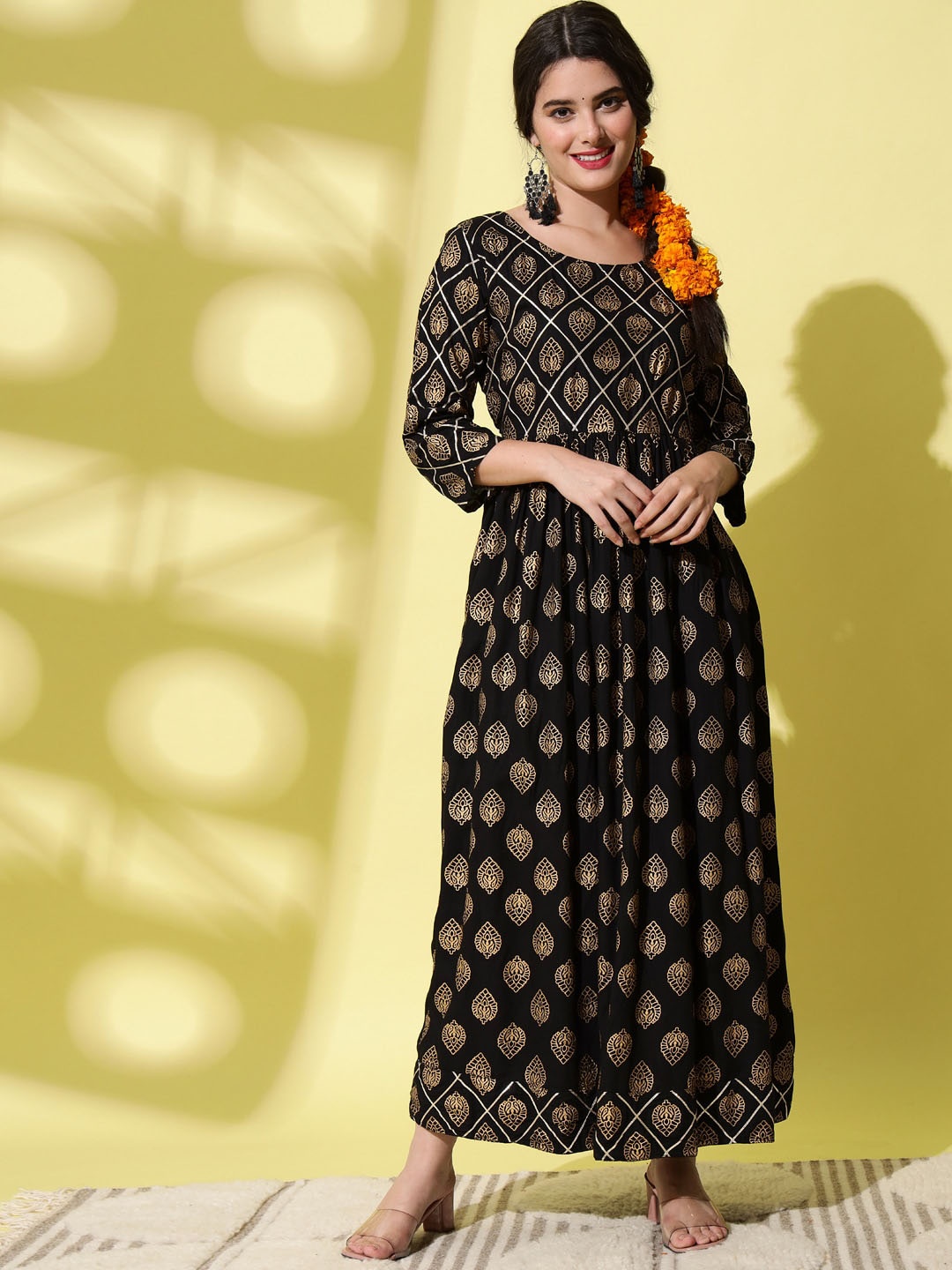 

AAYUMI Ethnic Motifs Printed A-Line Ethnic Dress, Black