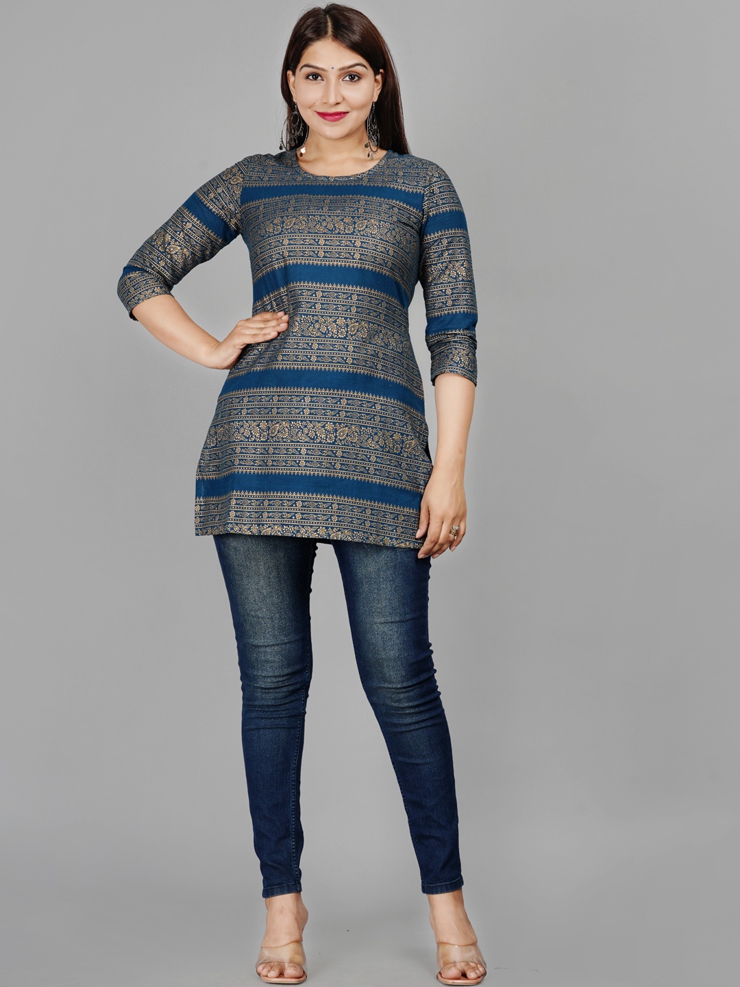 

AAYUMI Ethnic Motifs Printed Pure Cotton Kurta, Teal