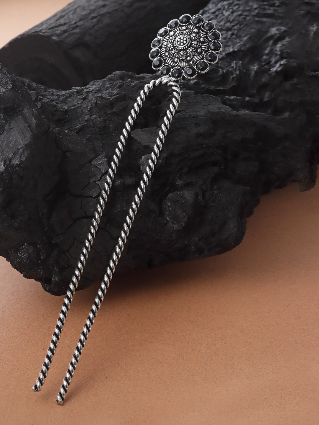 

Sanjog Women Beaded Oxidised Hairstick Juda Bun Pin Hair Accessories, Silver