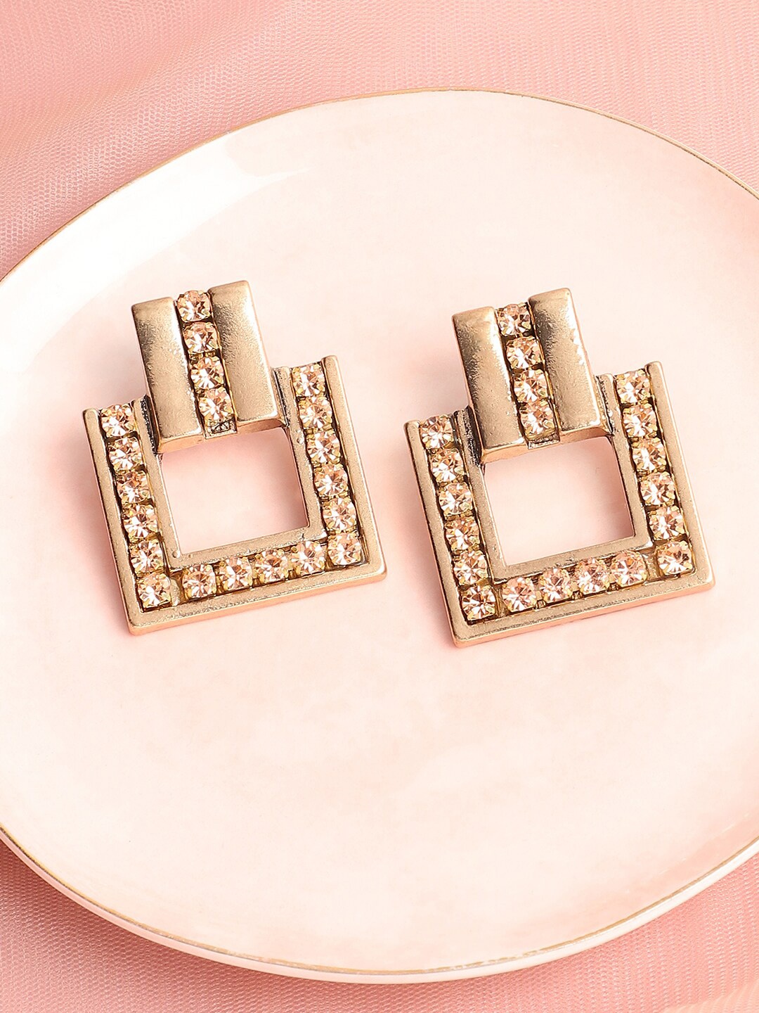 

DressBerry Gold-Plated Artificial Stones-Studded Drop Earrings