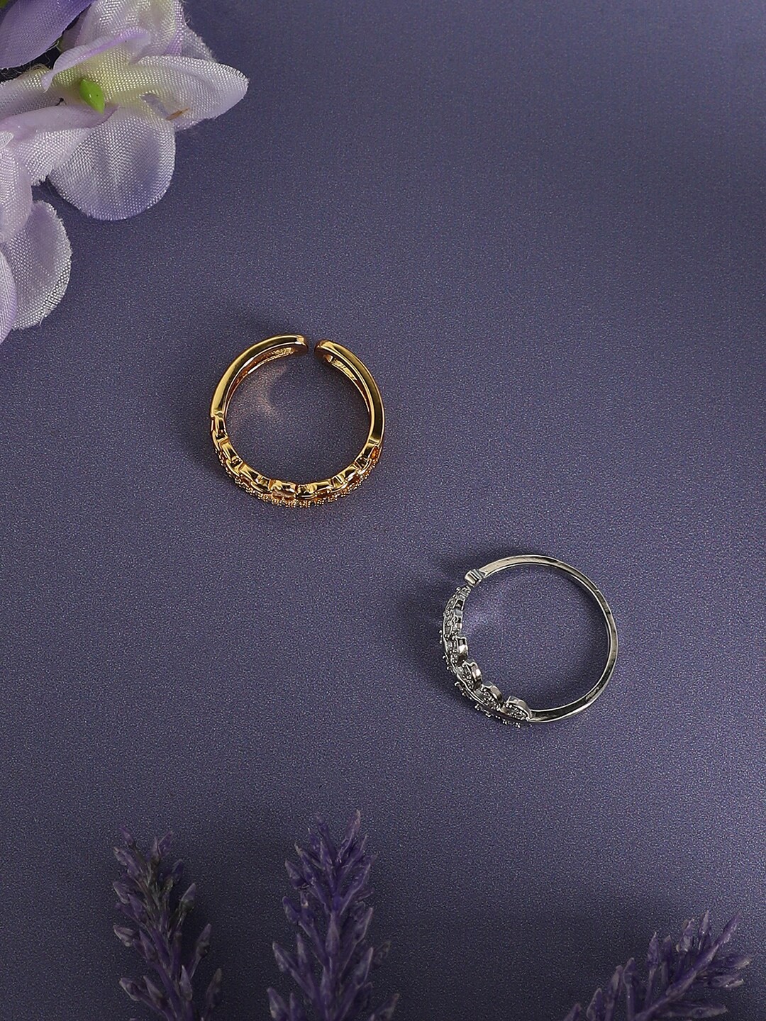 

DressBerry Set of 2 Stones Studded Adjustable Finger Rings, Gold