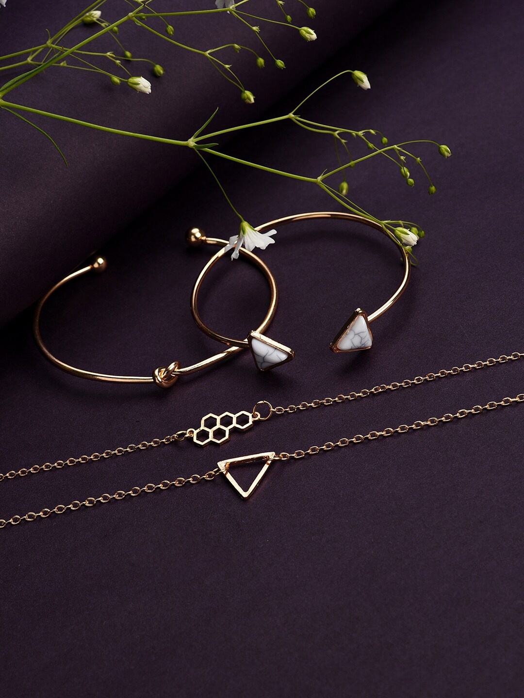 

DressBerry Set Of 4 Gold-Toned & White Gold-Plated Cuff Bracelet