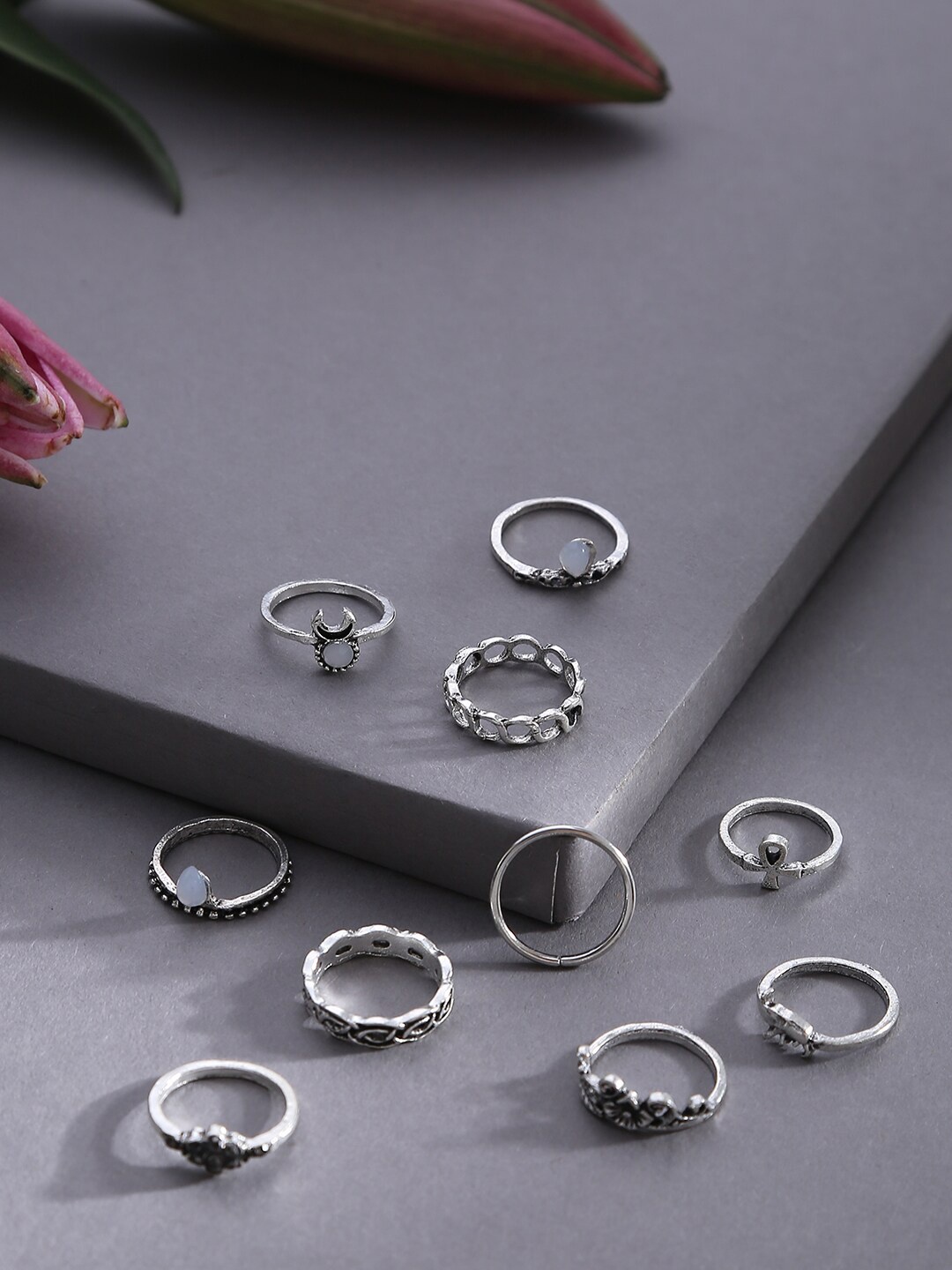 

DressBerry Set Of 10 Oxidised Stones Studded Adjustable Finger Rings, Silver