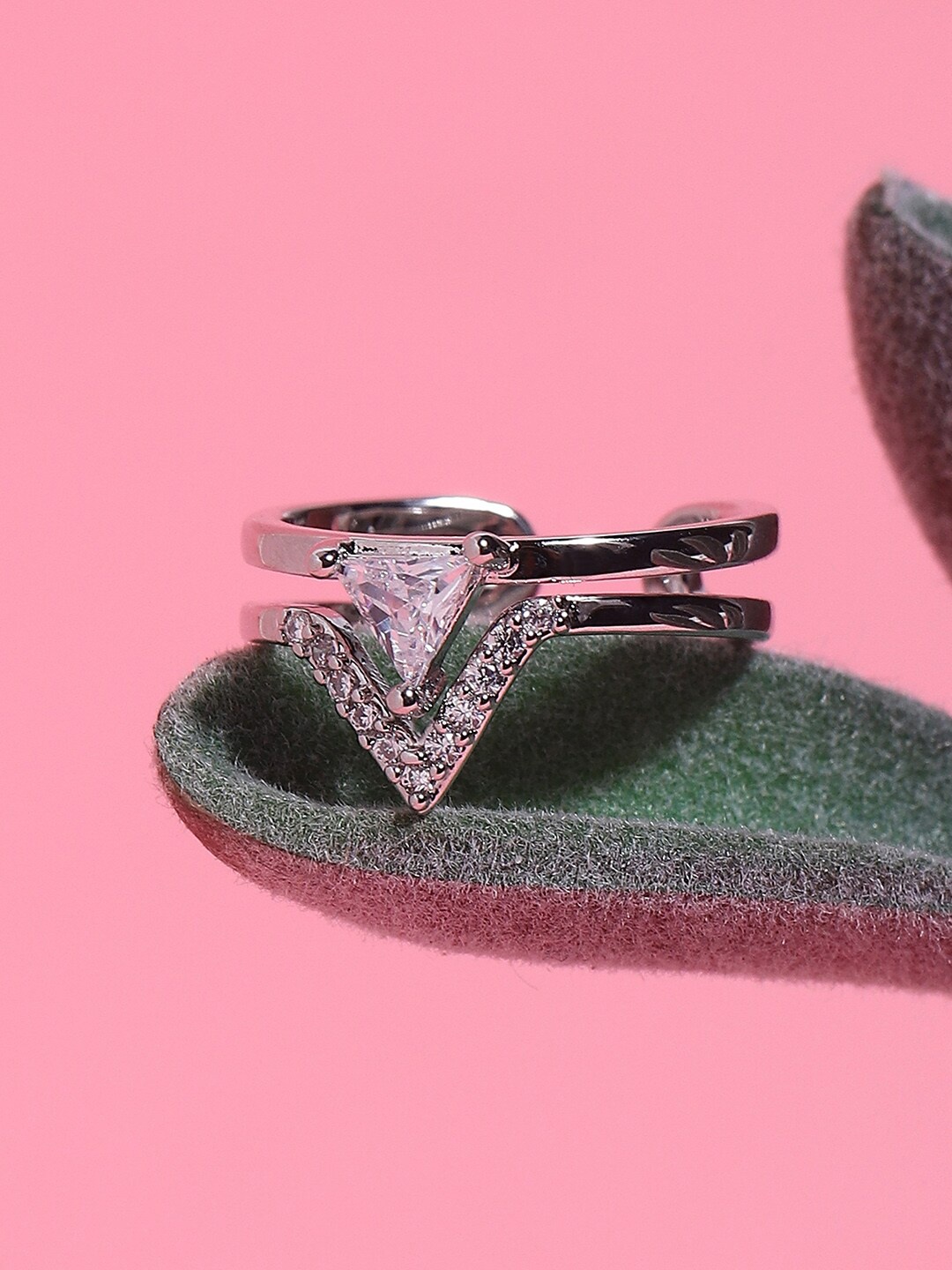 

DressBerry Silver Plated Stones Studded Triangle Nail Finger Ring