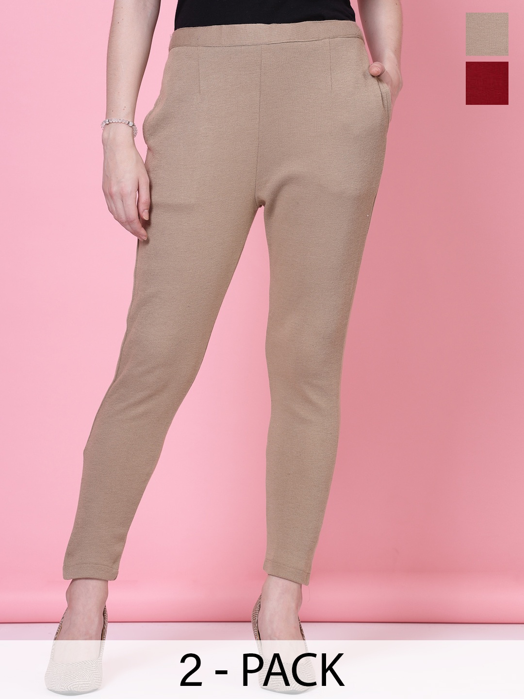 

Clora Creation Women Pack of 2 Smart Woollen Peg Trouser, Beige