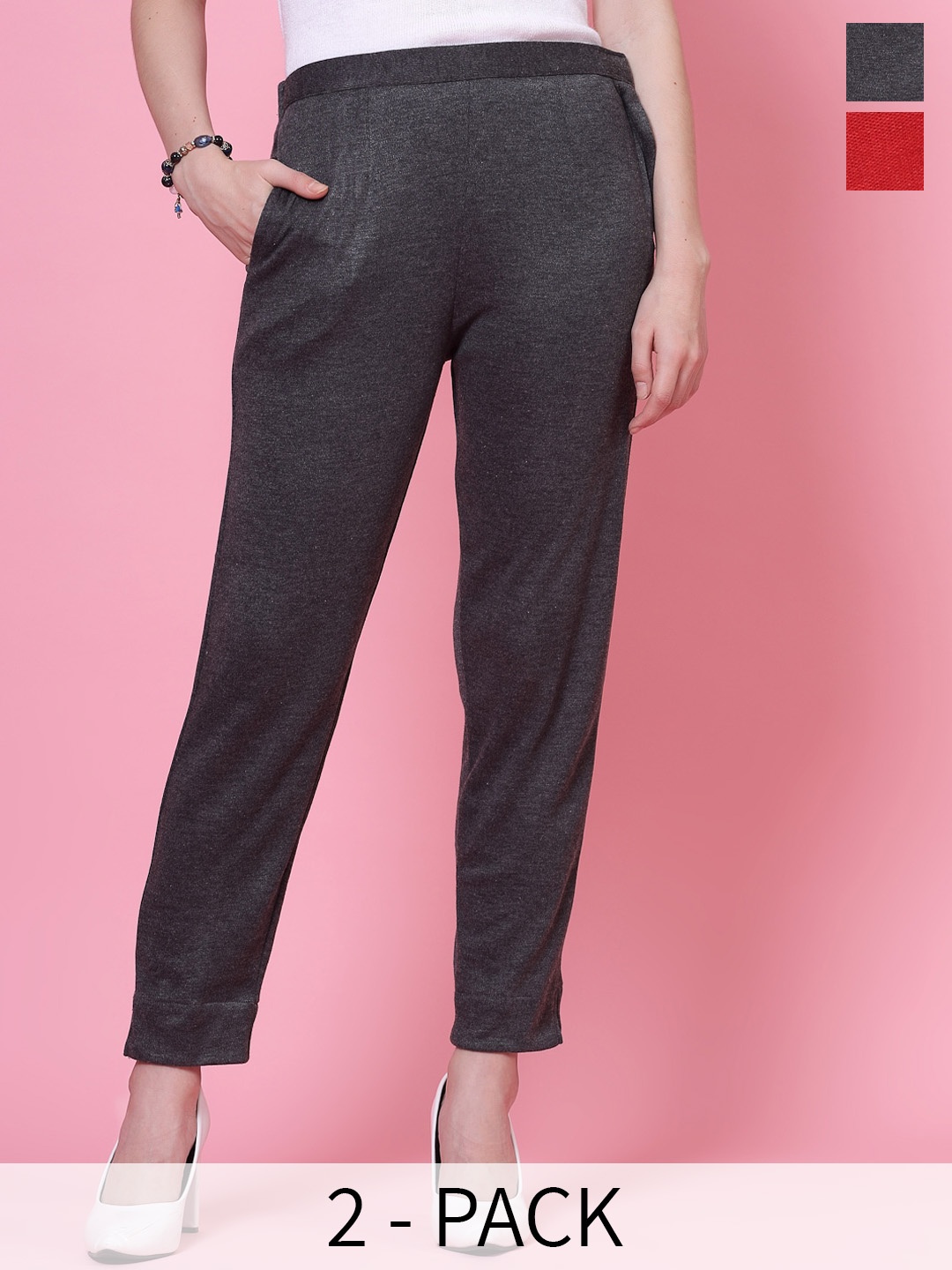 

Clora Creation Women Pack of 2 Smart Fit Mid-Rise Easy Wash Woollen Cigarette Trousers, Grey