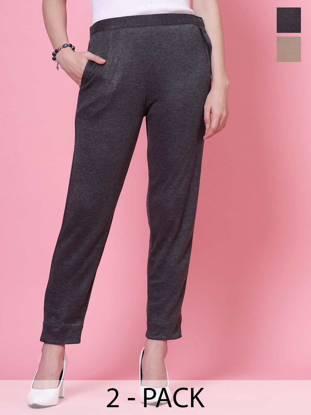 

Clora Creation Women Smart Pack of 2 Woollen Peg Trousers, Grey