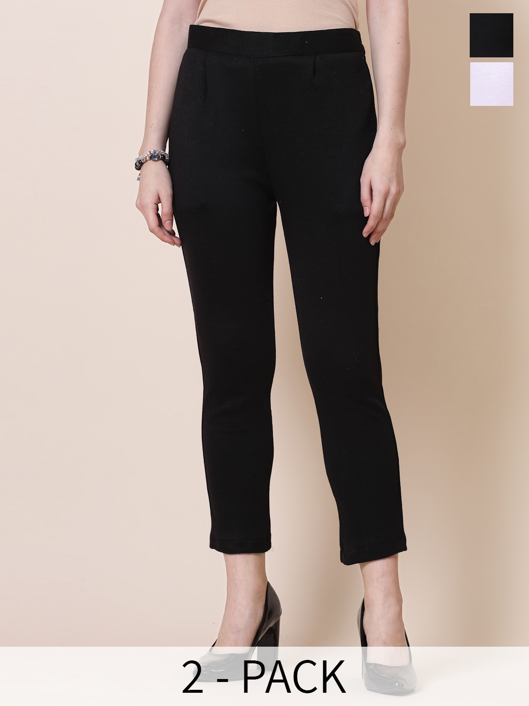 

Clora Creation Women Pack of 2 Smart Fit Mid-Rise Easy Wash Woollen Cigarette Trousers, Black